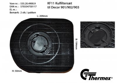 KF 11 kolfilterset Thermex 2-pack till köksfläkt – passar Decor 901/902/903 och Leeds – mått 20,9x19,4x5 cm
